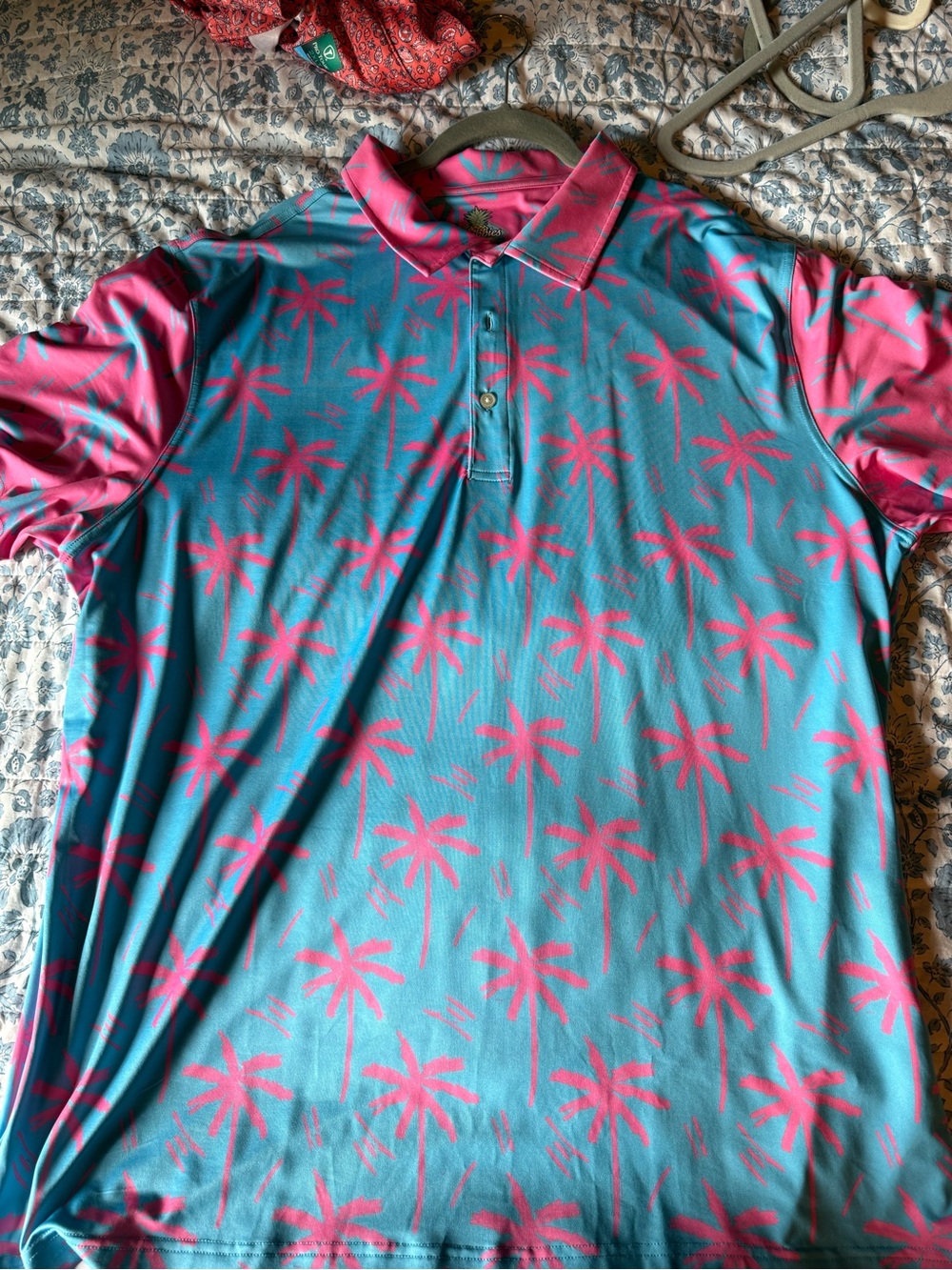 chubbies Teal Polo with Pink Palm Pattern